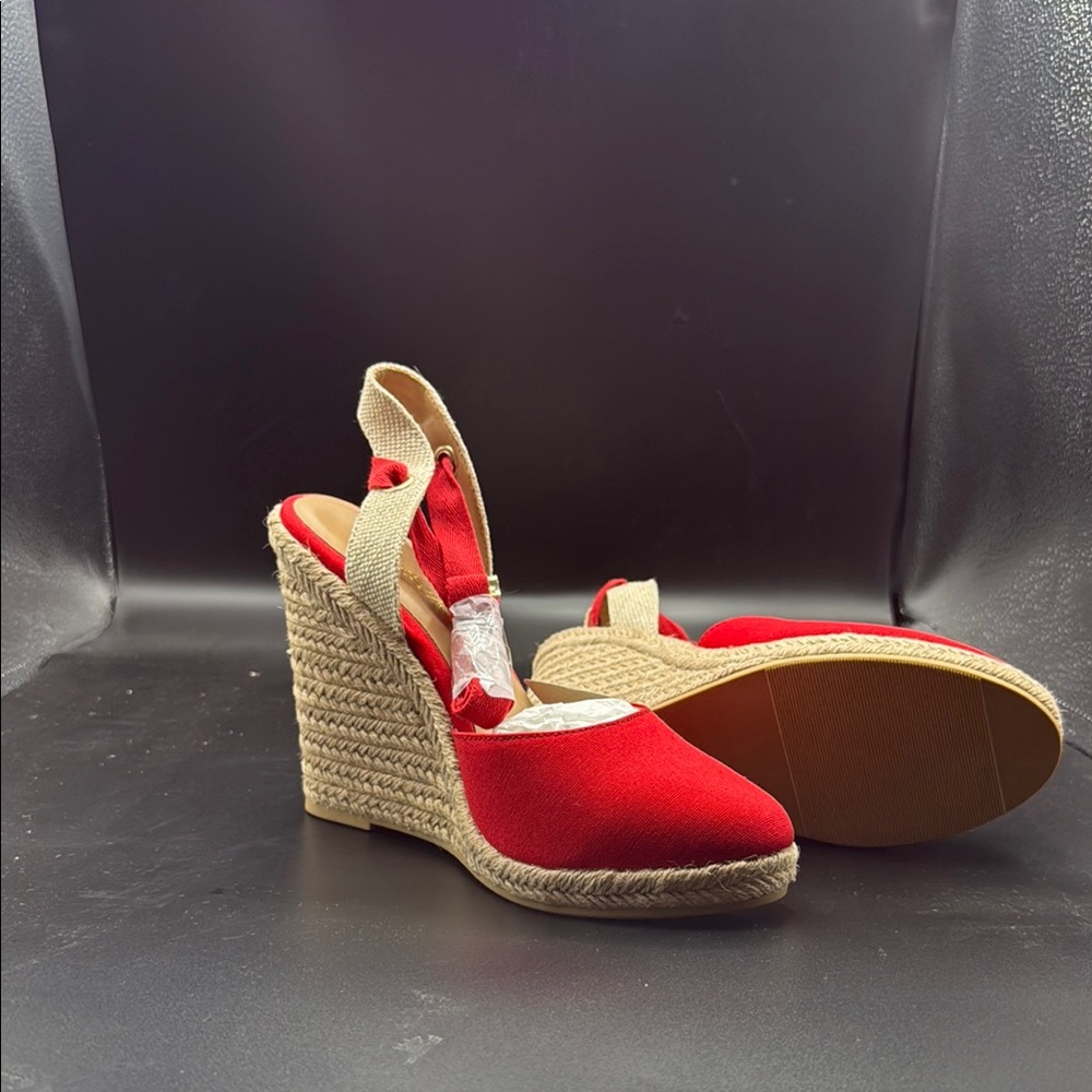 Shoe Dazzle Red Espadrille Wedges with Ankle Strap